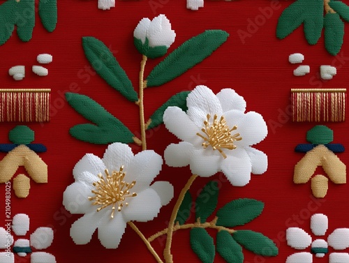 Embroidered white flowers blooming on a vibrant red textile, featuring green leaves and decorative golden geometric patterns, creating an intricate seamless texture design