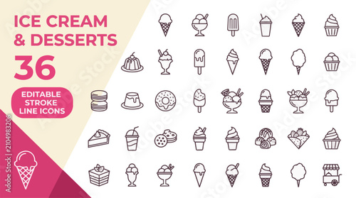 Obraz na plátne Set of thirty six ice cream with sweet desserts arranged on transparent background Editable Stroke