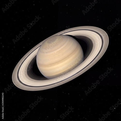 Saturn planet with widening rings close up against black starfield, realistic telescope style photograph