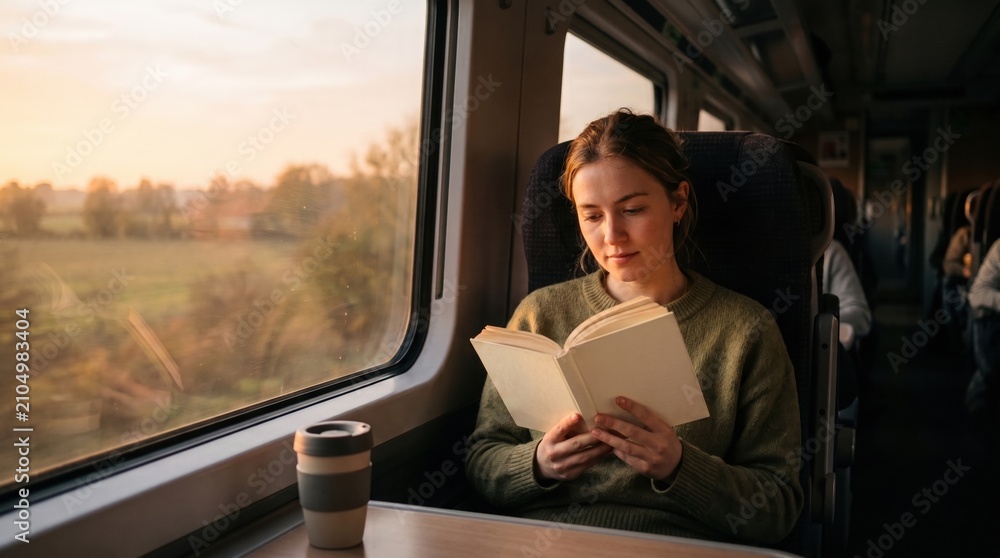 Fototapeta premium calm young woman in a green sweater reads a book while traveling on a train, with golden sunset light streaming through the window.