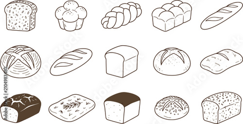 Schilderij op canvas Collection of assorted baked bread loaves and pastries line art illustrations wi