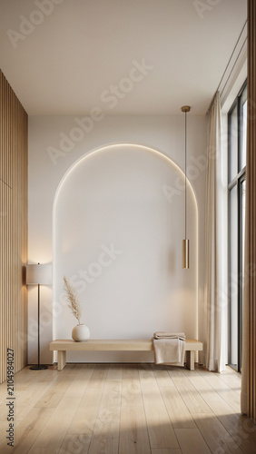 Modern minimalist interior room with arch wall and bench interior minimalist architecture furniture background scandinavian peaceful residential contemporary building