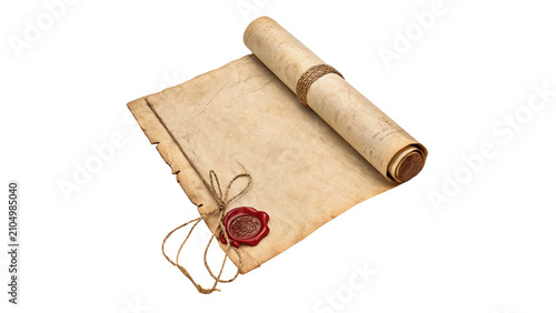 Fotografie Ancient rolled paper scroll manuscript with red wax seal isolated on transparent