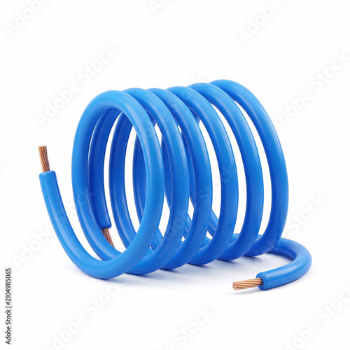 Câble électrique bleu enroulé avec fils de cuivre apparents en illustration 3D