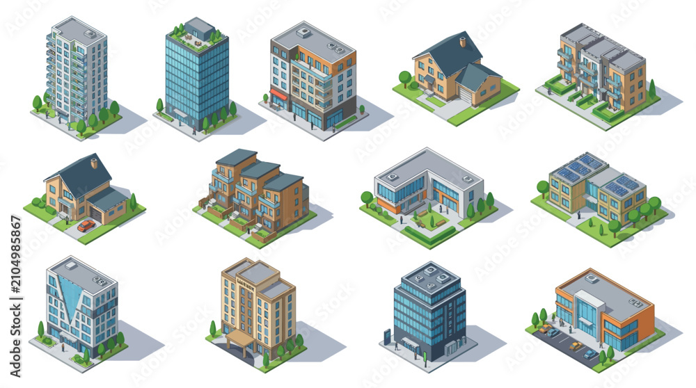 Fototapeta premium Isometric Building Collection: Modern Architecture, Cityscape & Residential Icons