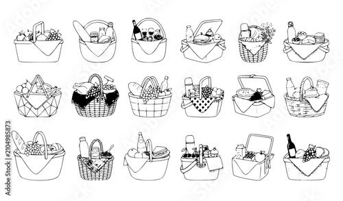 Quadro su tela Colorful Picnic Basket Cartoon Vector Set with Wicker Hampers Food Fruits and Su