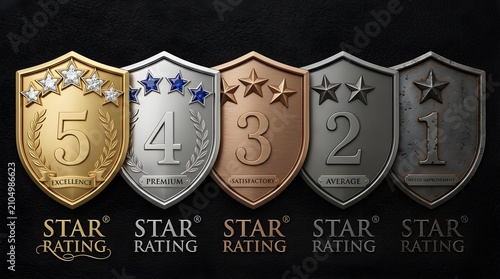 Five metal shields representing a star rating system for service quality evaluation on black leather background