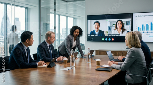 Diverse business team in modern conference room with video conference call