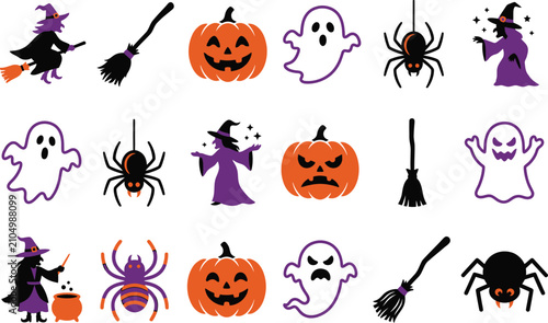 Obraz na płótnie Set of halloween icons featuring pumpkins ghosts spiders and witches halloween c