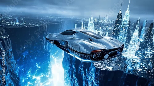 Sleek silver flying car over a neon metropolis.