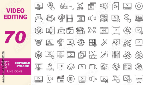 Comprehensive set of 70 editing line icons with editable strokes, postproduction