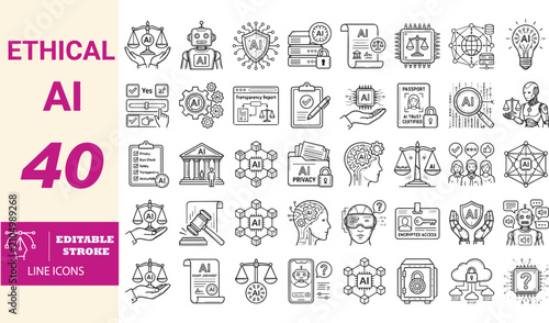 Ethical AI concepts line icons pack, 40 editable stroke vector icons, artificial