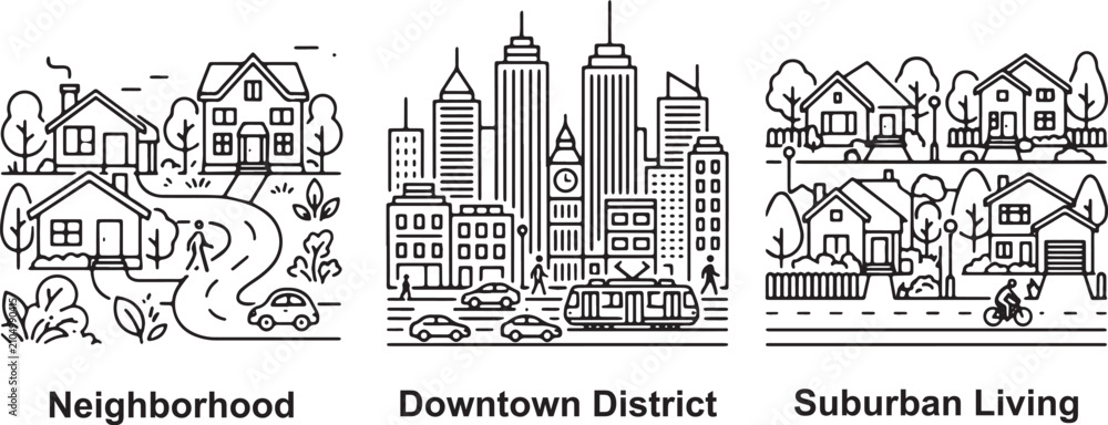 Obraz premium Neighborhoods and city downtown districts are depicted in line art, illustrating various urban and suburban living environments.