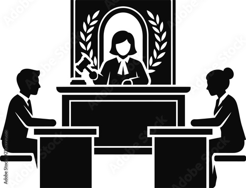 Obraz na plátne Black and white vector illustration of a judge presiding over a courtroom trial