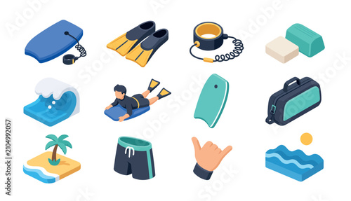 Fotografi Colorful summer beach and water sports equipment icons.