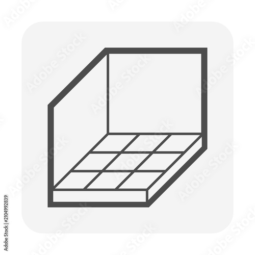 Tile floor inside room vector icon. Isometric interior flooring symbol showing ceramic tile layout inside architectural space. Suitable for floor installation, interior design and home renovation.