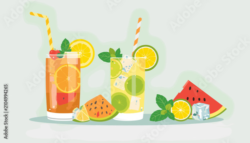 Bild auf Leinwand Refreshing summer drinks with fresh fruits and mint leaves, perfect for a hot day
