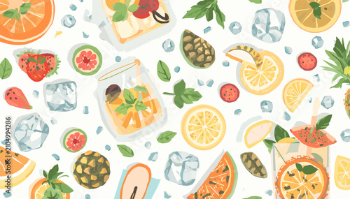 Fényképezés A colorful and refreshing flat-lay pattern featuring various fruits, ice cubes, and summer drinks like cocktails and juices