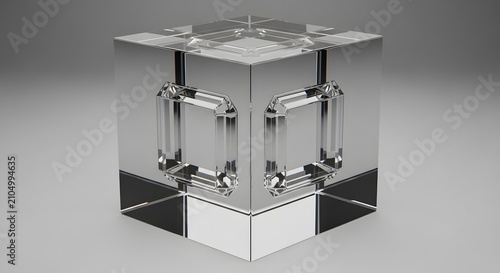 Geometric glass cube sculpture with inner metallic metallic structure