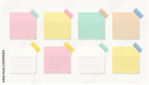 Colorful Sticky Notes Set with Transparent Tape – Blank Memo Paper Collection Vector Template