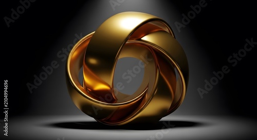Glossy golden torus knot continuous loop sculpture on dark background