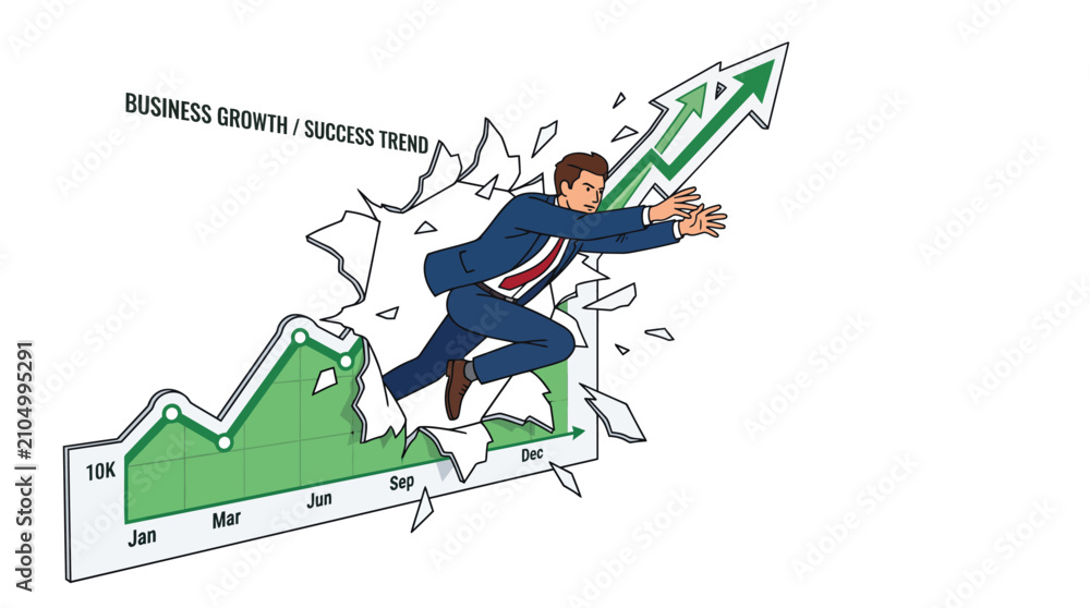 Naklejka premium Business growth and upward financial trends illustrated by a man breaking through a graph representing success