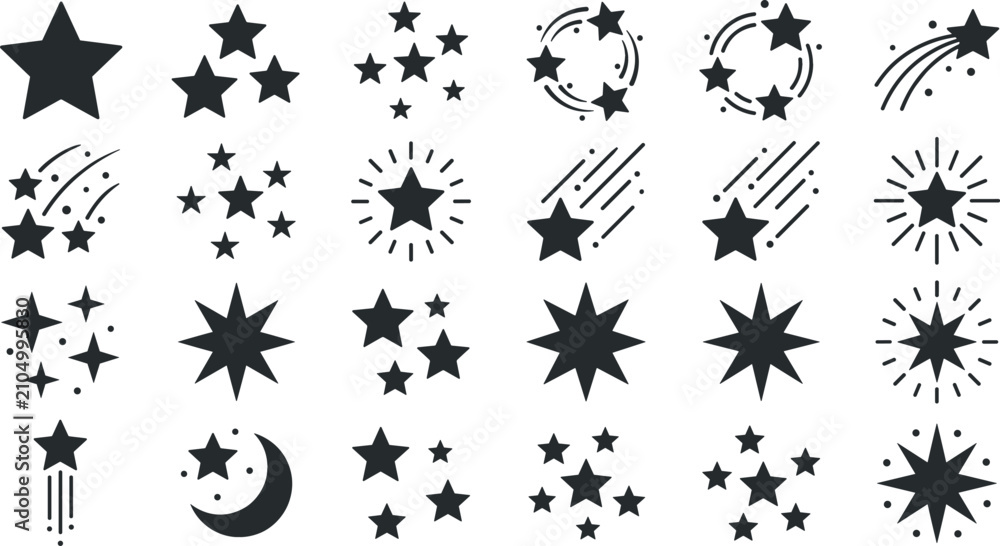 Fototapeta premium Black Star Icon Vector Set Featuring Sparkling Night Sky Sparkles Shooting Stars And Crescent Moon Symbols For Graphic Design