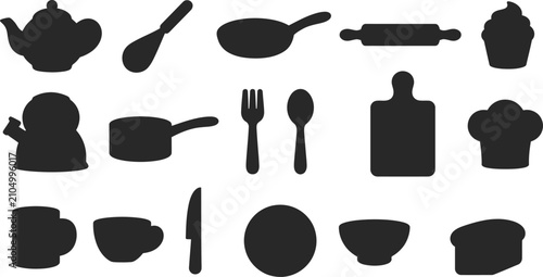 Quadro su tela Kitchen utensils silhouette collection cooking and baking tools