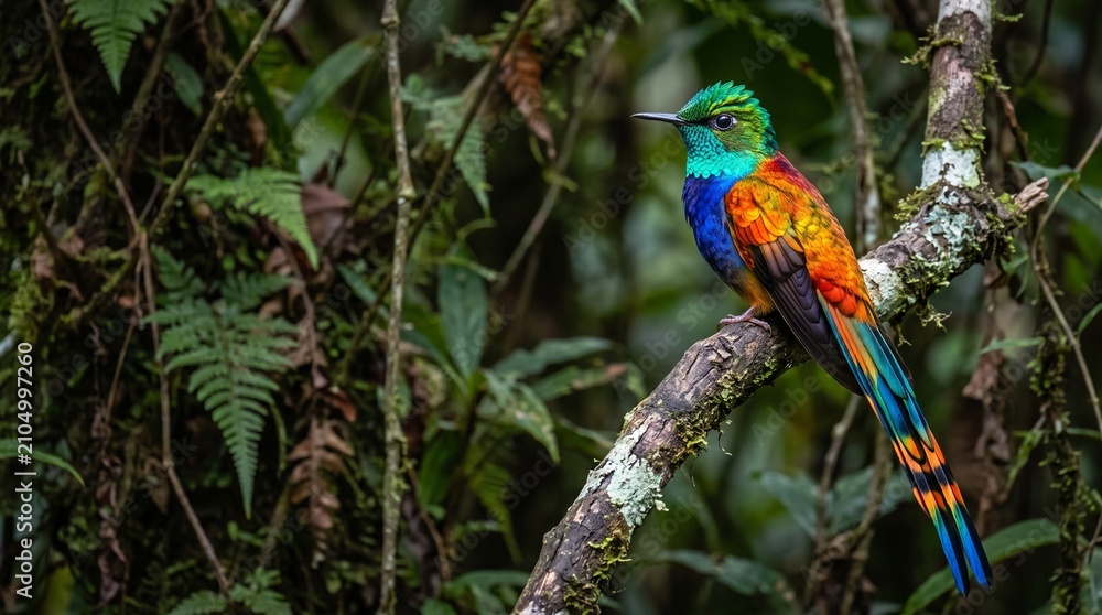 Obraz premium A colorful tropical bird perched on a tree branch surrounded by lush rainforest vegetation, showcasing vibrant plumage in its natural habitat. Ideal for themes of wildlife, biodiversity, tropical fore