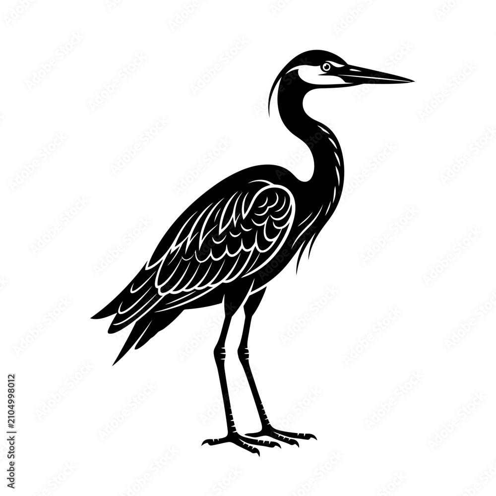 Obraz premium Detailed black and white heron profile illustration.