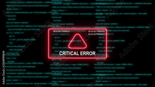 Critical error system alert with glitch effect and digital code background, system failure cyber attack