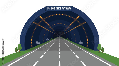 Modern logistics pathway concept showing a road leading into a digital transportation tunnel for supply chain management