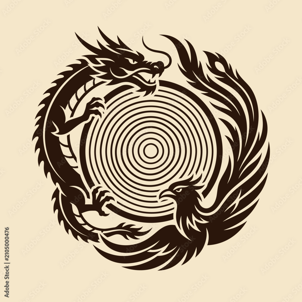 Fototapeta premium Dragon and phoenix emblem surrounding wood grain texture.