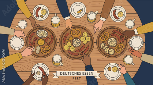German Food Festival Celebration with Friends Sharing Platters and Beer