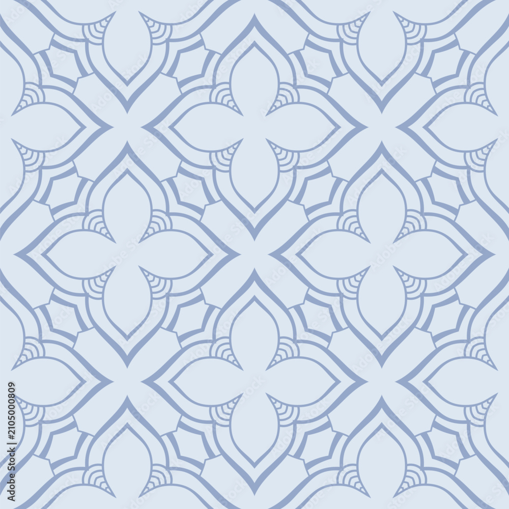 Fototapeta premium Seamless ornamental geometric vector pattern with soft blue floral shapes and symmetrical tile layout. Elegant abstract vector background. Flat design arabic lattice pattern.