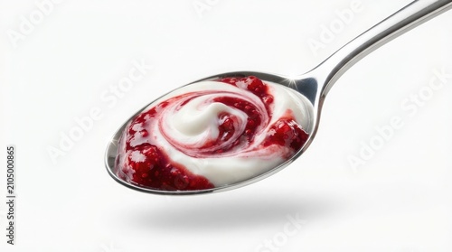 Spoon holding delicious Greek yogurt swirled with sweet red strawberry jam, isolated on a clean white background, representing healthy breakfast dairy dessert