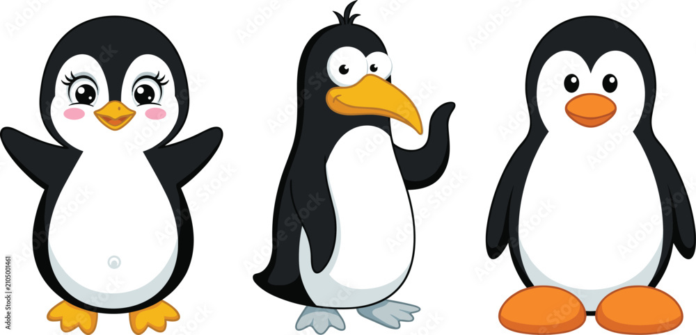Fototapeta premium Cute Cartoon Penguin Character Vector Set with Happy Expressions and Waving Poses for Winter Theme Greeting Cards Childlike Stickers and Arctic Wild Animal Designs
