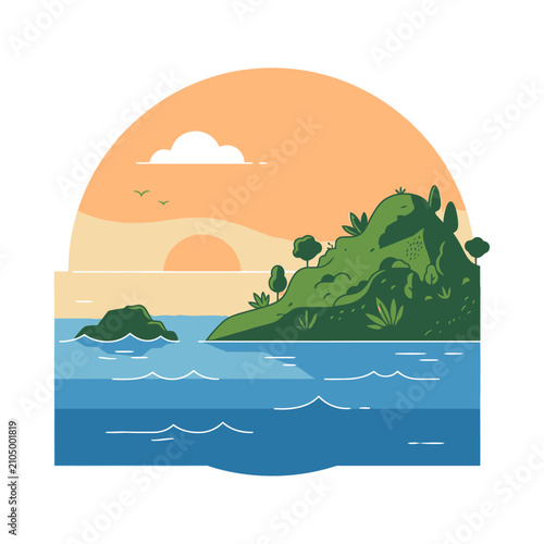 Flat tropical island landscape with sunset and ocean.