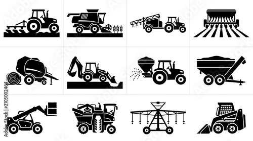 Foto Black icons of heavy farming machinery.