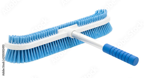 Large blue industrial pool cleaning brush with long handle isolated on a transparent background for professional maintenance