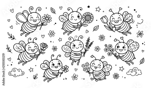 Cute cartoon bees holding flowers coloring page set with daisy sunflower rose tulip lavender and clover hand drawn line illustrations