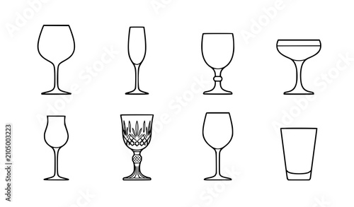 Fotografía Wine glass outline illustration collection with champagne flute, coupe, snifter,
