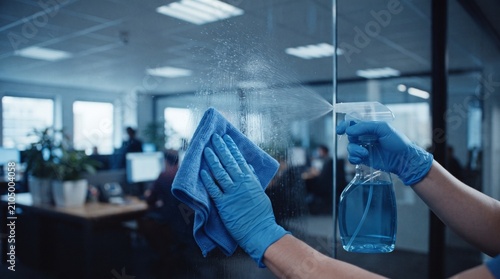A person wearing blue gloves cleaning a glass surface in an office
