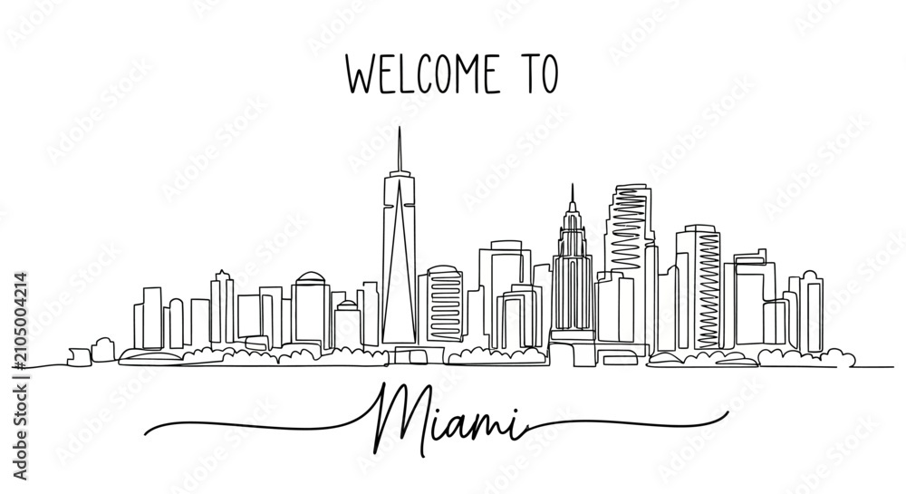 Fototapeta premium Welcome to Miami Skyline Hand Drawn Sketch Vector