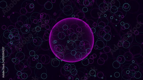 Animated digital sphere with interconnected wireframe grid rotating surrounded by glowing circles in space