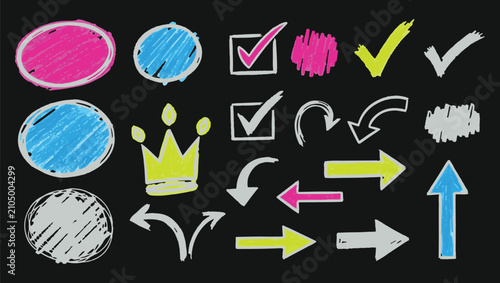 A vibrant set of hand-drawn chalk-style doodle icons including circles, checkmarks, arrows, and a crown on a dark chalkboard background.