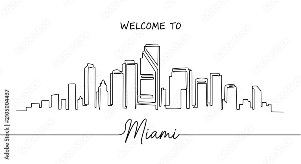 Fototapeta premium Miami Skyline Continuous Line Drawing - Welcome To Design