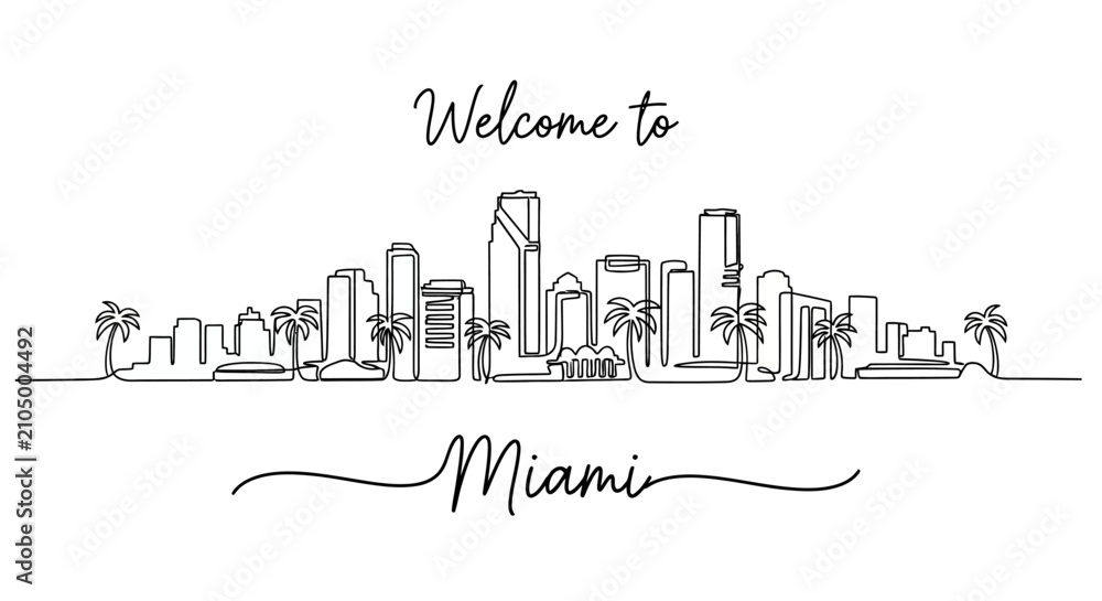 Fototapeta premium Miami Skyline Line Art - Welcome to Miami Cityscape Outline