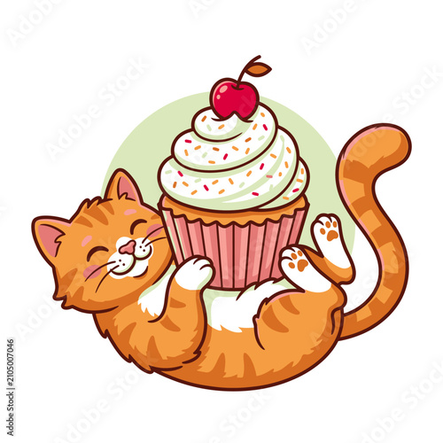 Happy tabby cat cuddling a giant cupcake