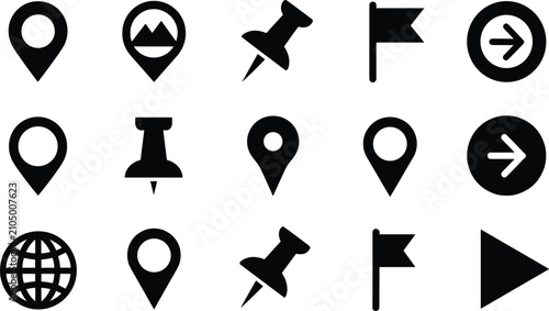 Obraz na płótnie Location map pins and navigation icons with pushpins and flags in a clean flat d